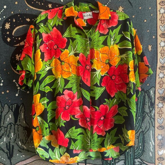 Vintage Pink On Pink Floral with Sequin Short Sleeve Button Up Shirt Size M - Picture 3 of 7